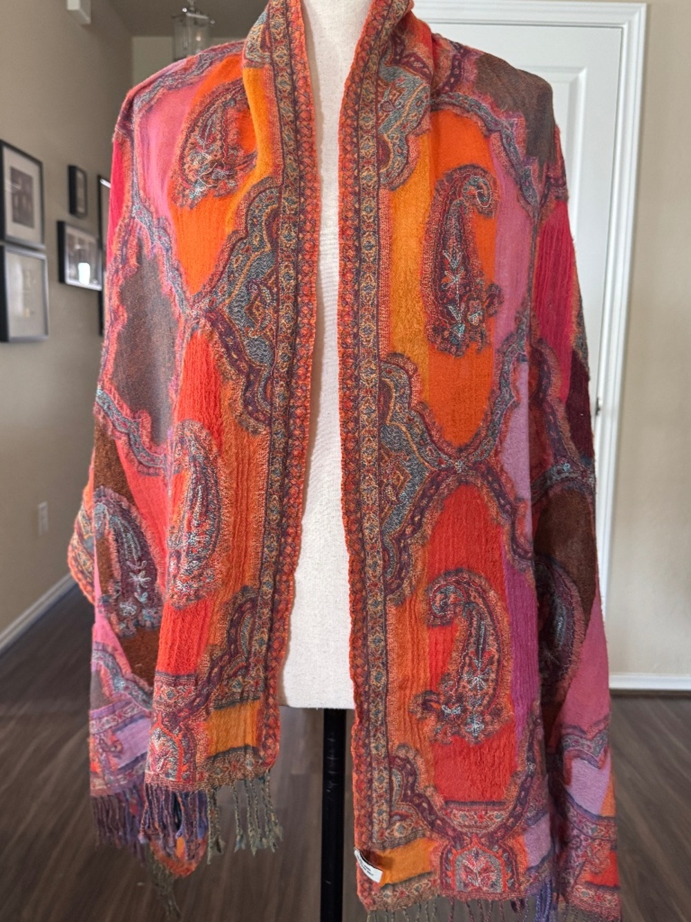 Wool Paisley Scarf Orange Red Boho Shawl Wrap Fringed Fall Winter Women's - Picture 2 of 8